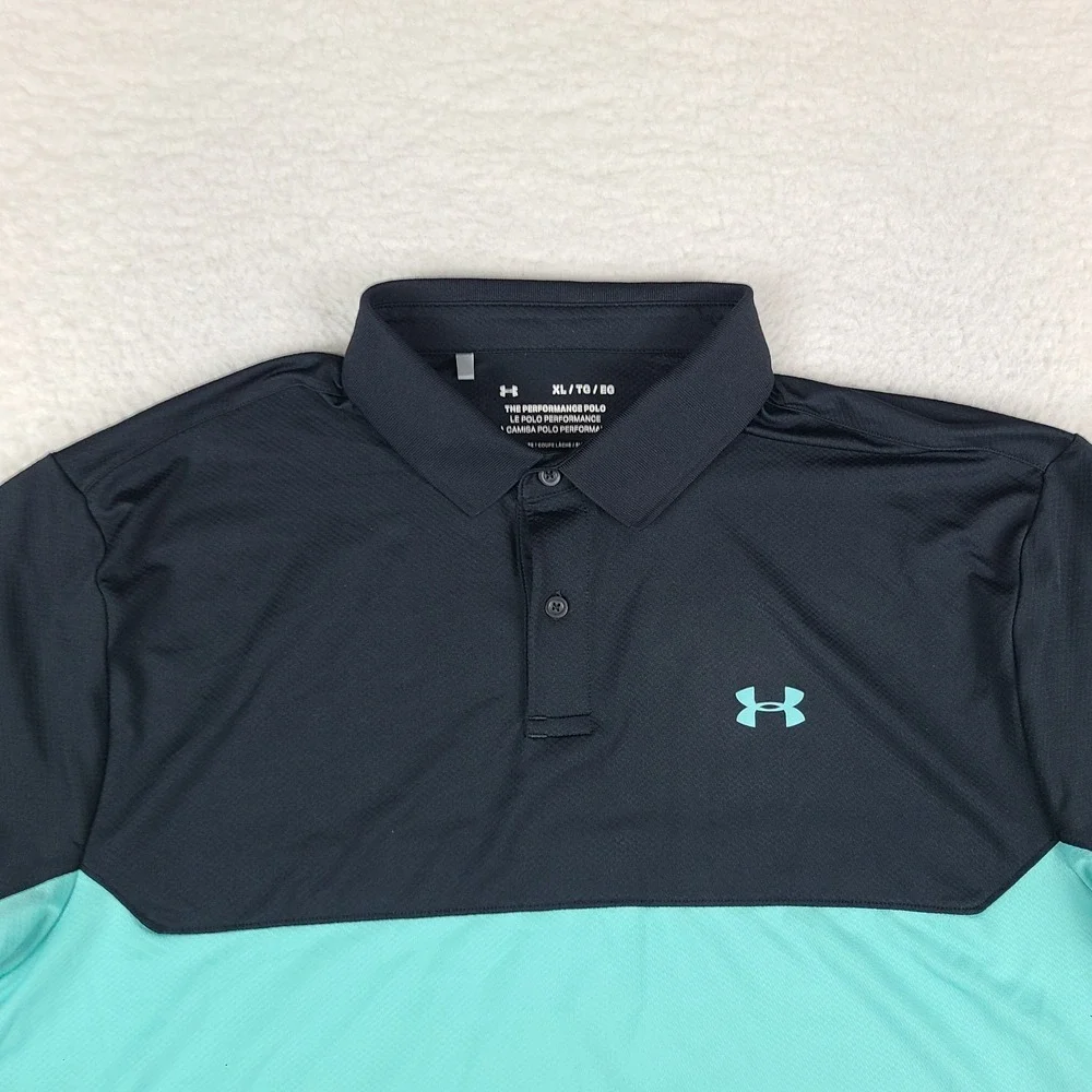 Under Armour The Performance Polo Shirt Mens XL Black Mint Blue Loose Heatgear